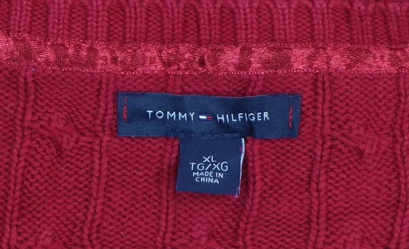 Tommy Hilfiger Women's Red V-Neck Cable-Knit Cotton Jumper XL