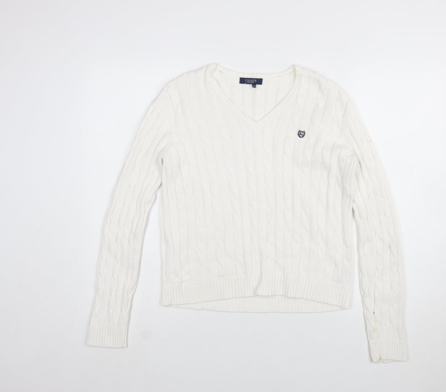 Chaps Women's White V-Neck Cable Knit Cotton Jumper Size M