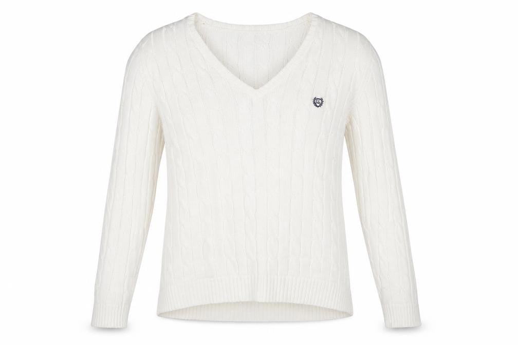 Chaps Women's White V-Neck Cable Knit Cotton Jumper Size M