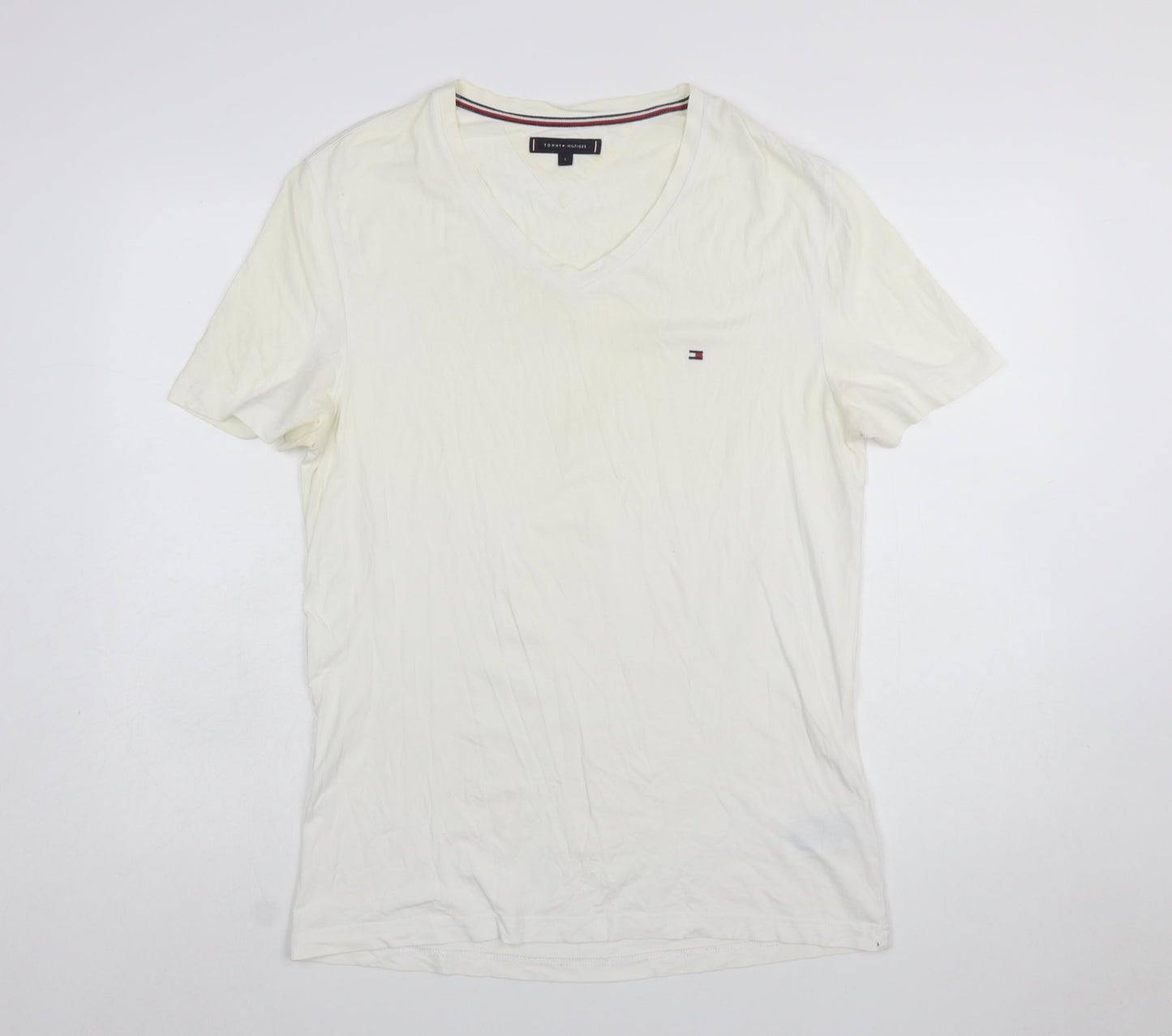 Tommy Hilfiger Men's Ivory V-Neck Short Sleeve Cotton T-Shirt L