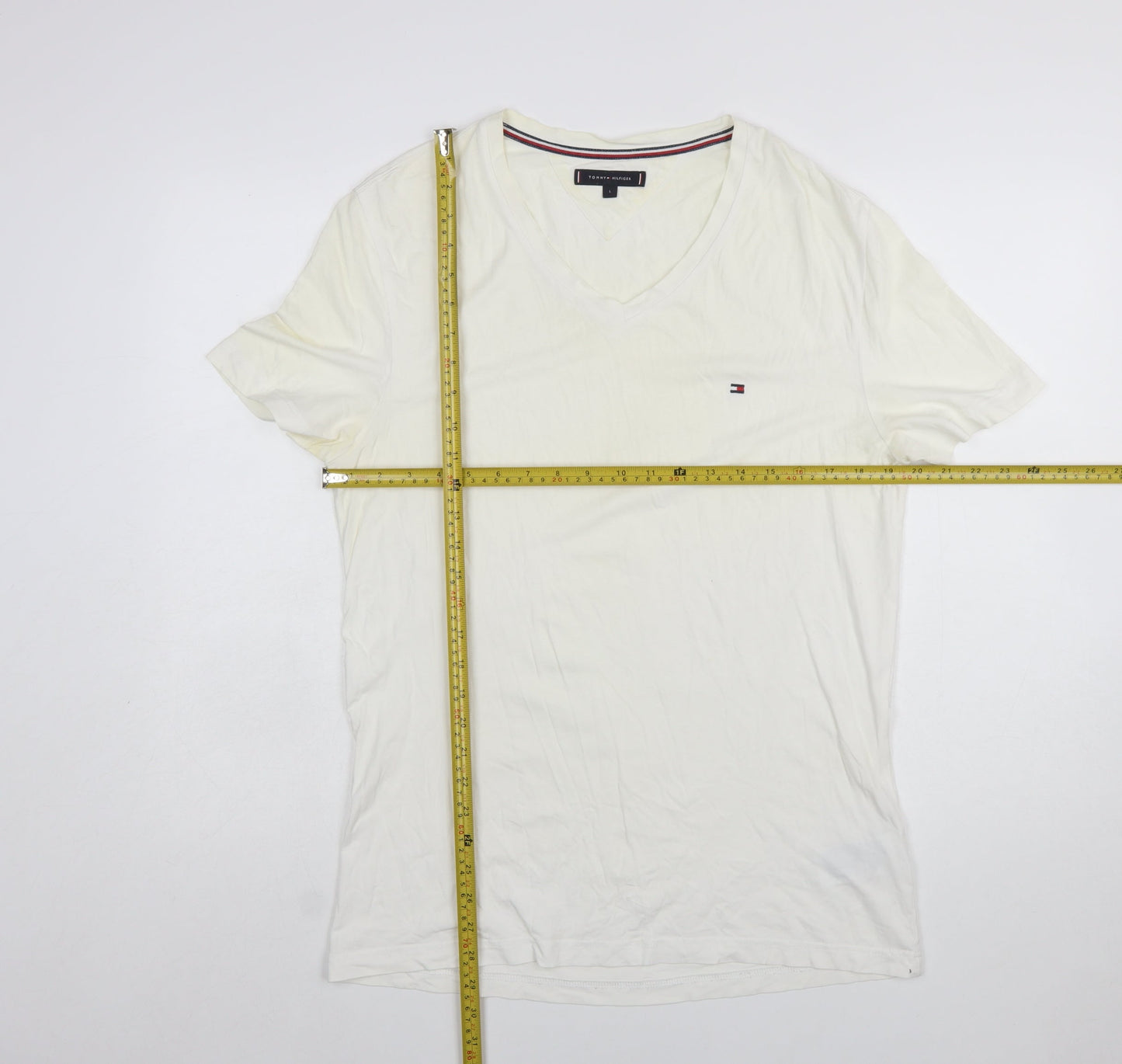 Tommy Hilfiger Men's Ivory V-Neck Short Sleeve Cotton T-Shirt L