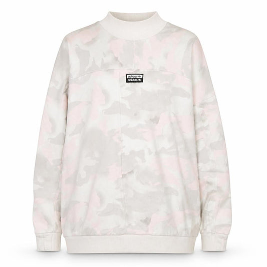 Front view of Adidas Women's Beige Camo Crew Neck Pullover Sweatshirt, size 14, M