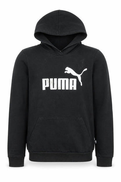 Front view of Puma boys’ black pullover hoodie, size 14, years cotton blend logo print
