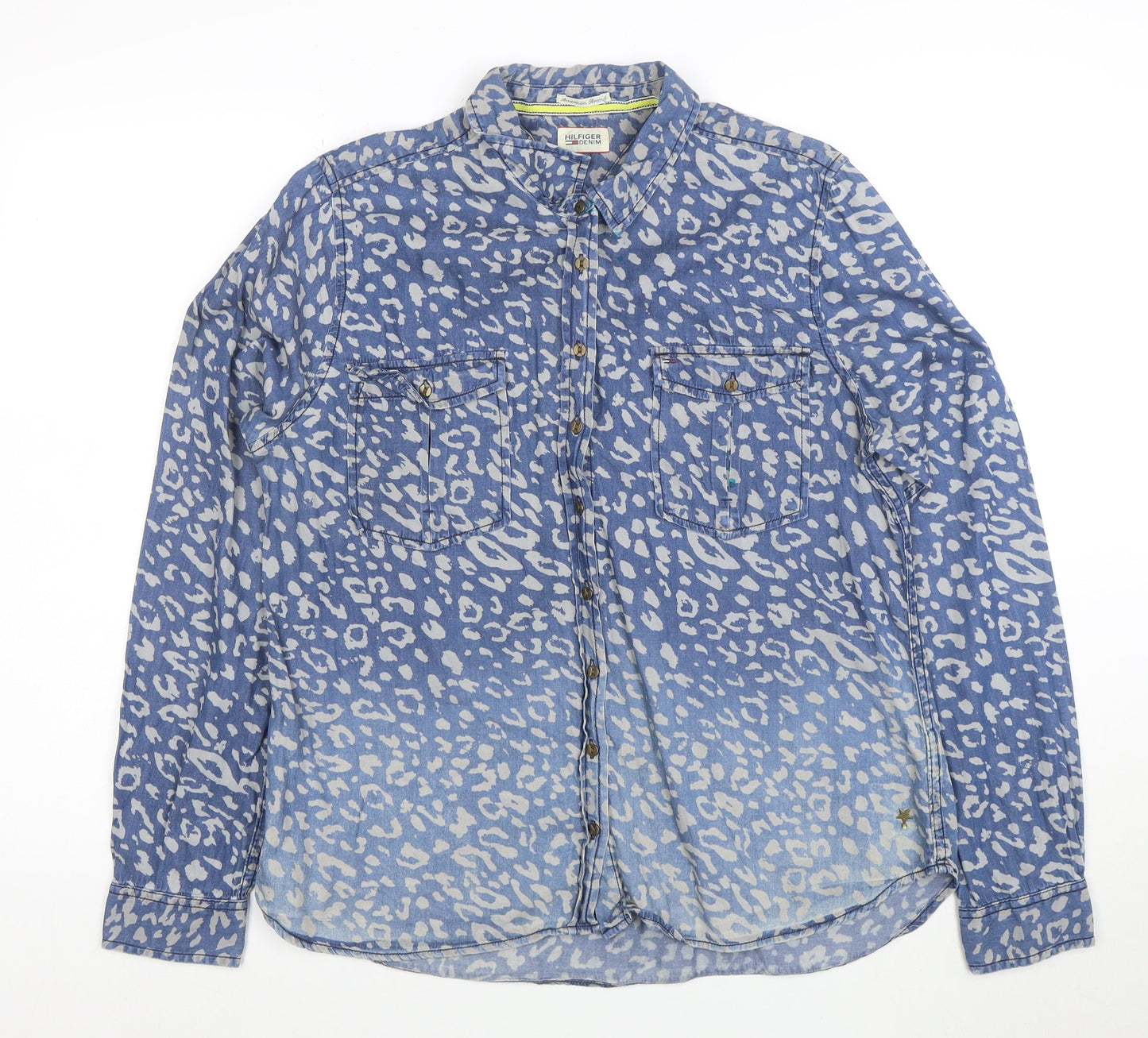 Tommy Hilfiger Women Blue Animal Print Denim Button-Up Shirt XL