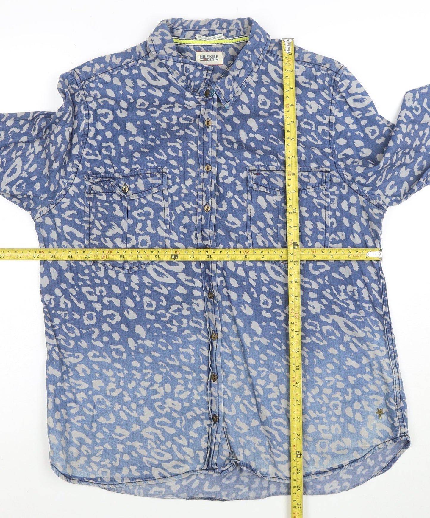 Tommy Hilfiger Women Blue Animal Print Denim Button-Up Shirt XL