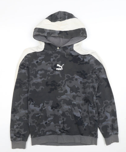 Additional front view of PUMA boys’ grey camouflage pullover hoodie -, size 13-14, years cotton blend