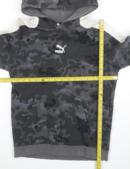 Close-up detail of PUMA boys’ grey camouflage pullover hoodie -, size 13-14, years cotton blend