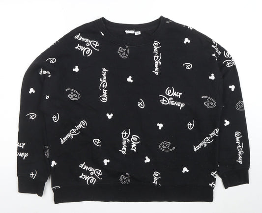 Disney Womens Black L Sweatshirt Walt Disney Logo Print Crew Neck
