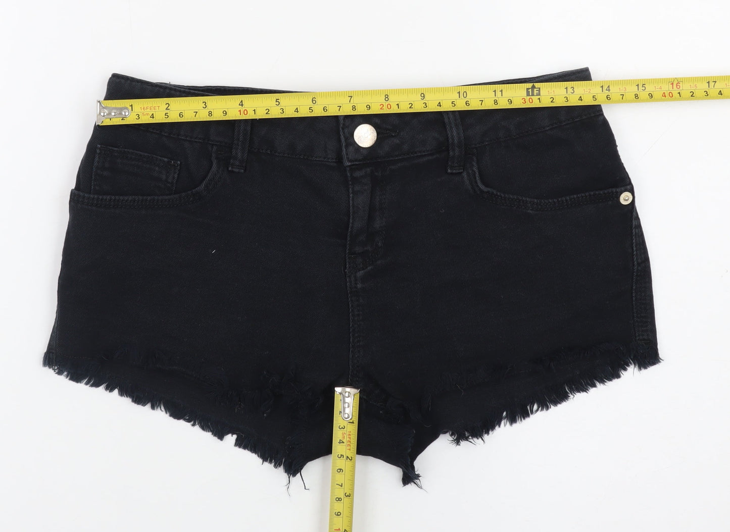 Topshop Women Black Denim Cut-Off Shorts Size 10 Slim Fit