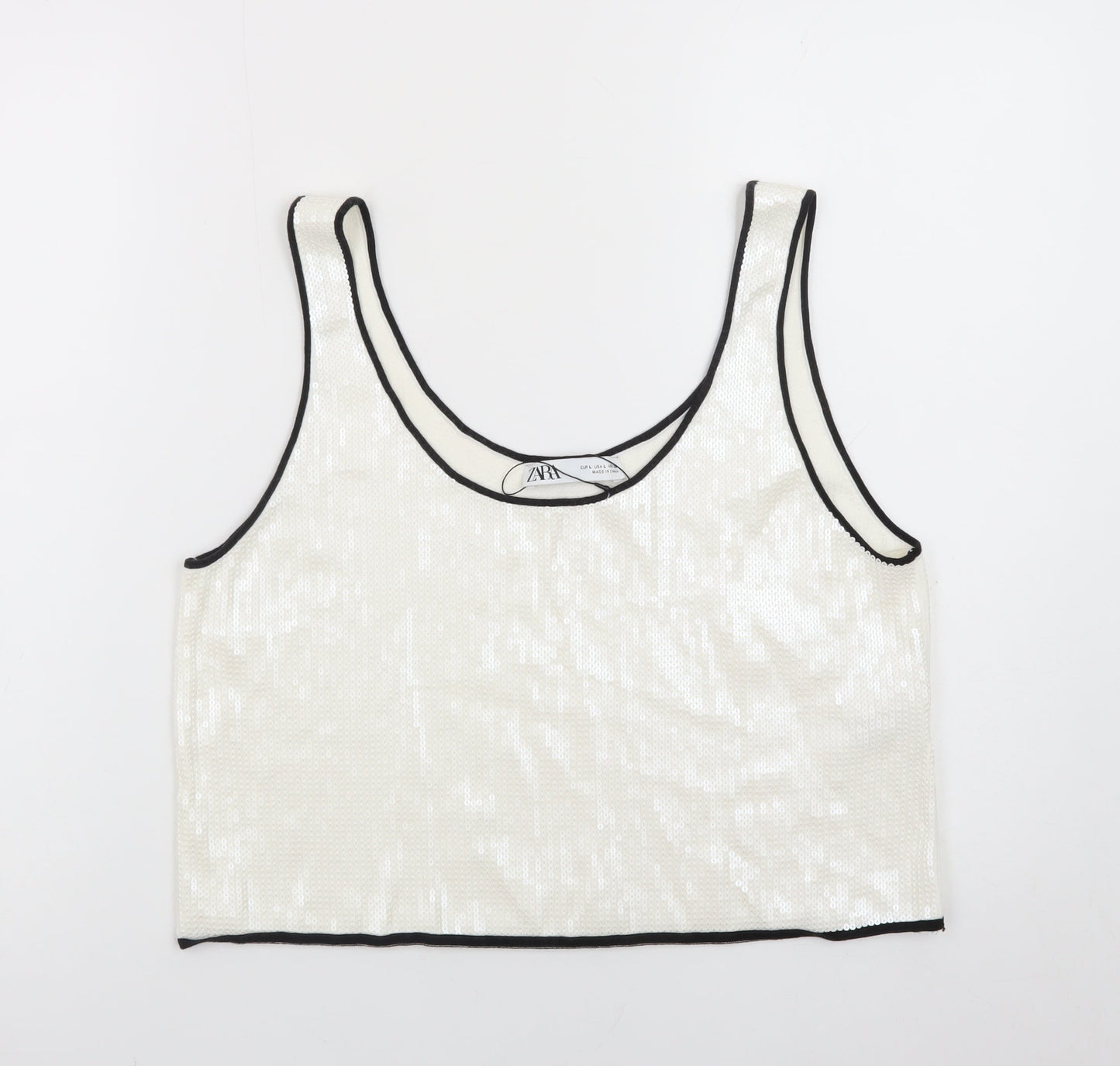 ZARA Women Ivory Sequin Cropped Tank Top Size L Party Wear