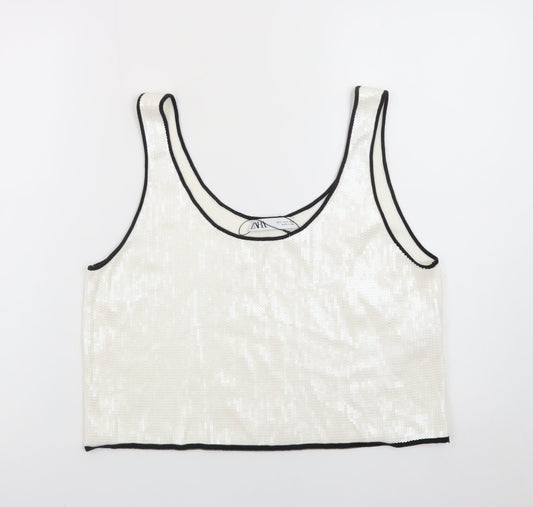 ZARA Women Ivory Sequin Cropped Tank Top Size L Party Wear