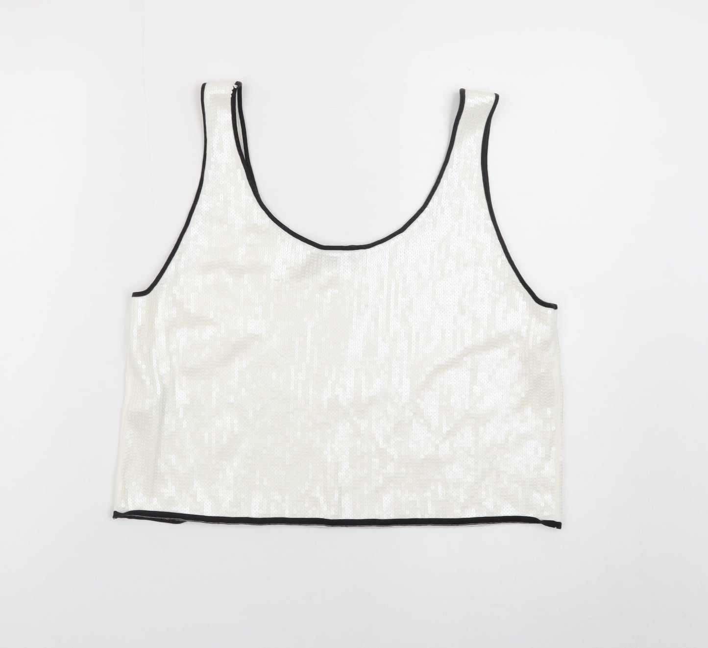 ZARA Women Ivory Sequin Cropped Tank Top Size L Party Wear