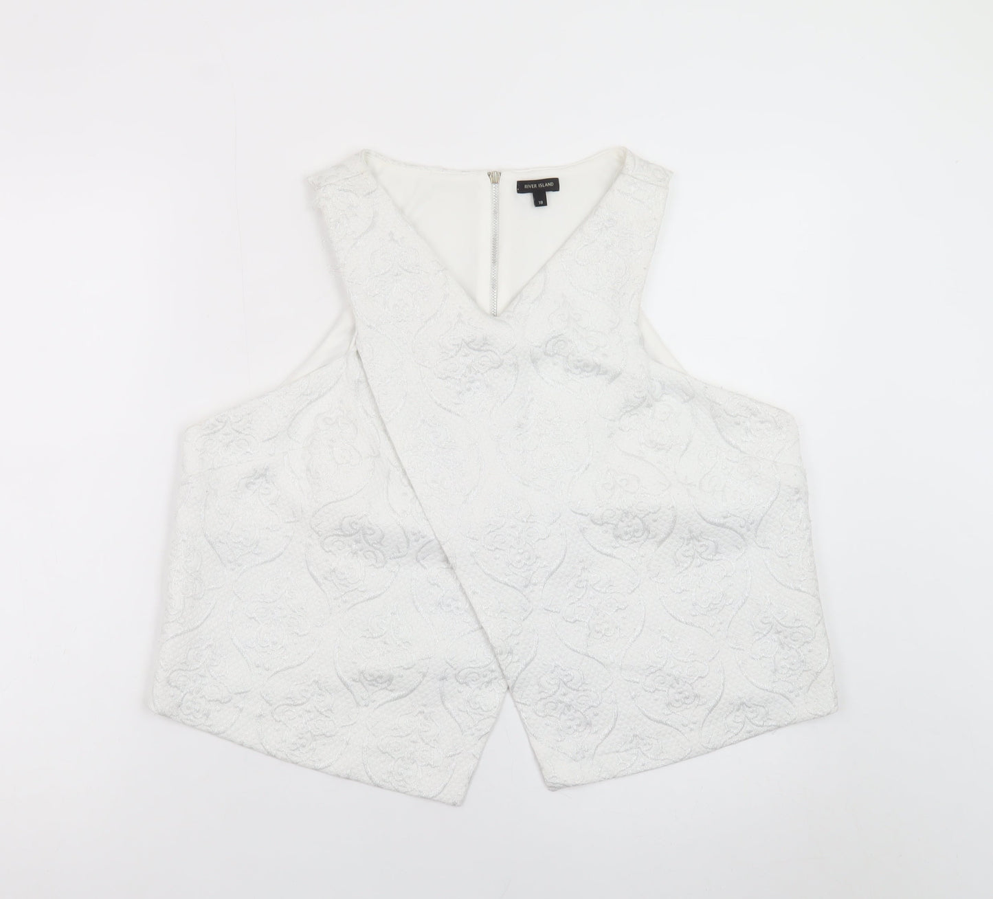 River Island Women's White Cropped Jacquard Sleeveless Blouse Size 18