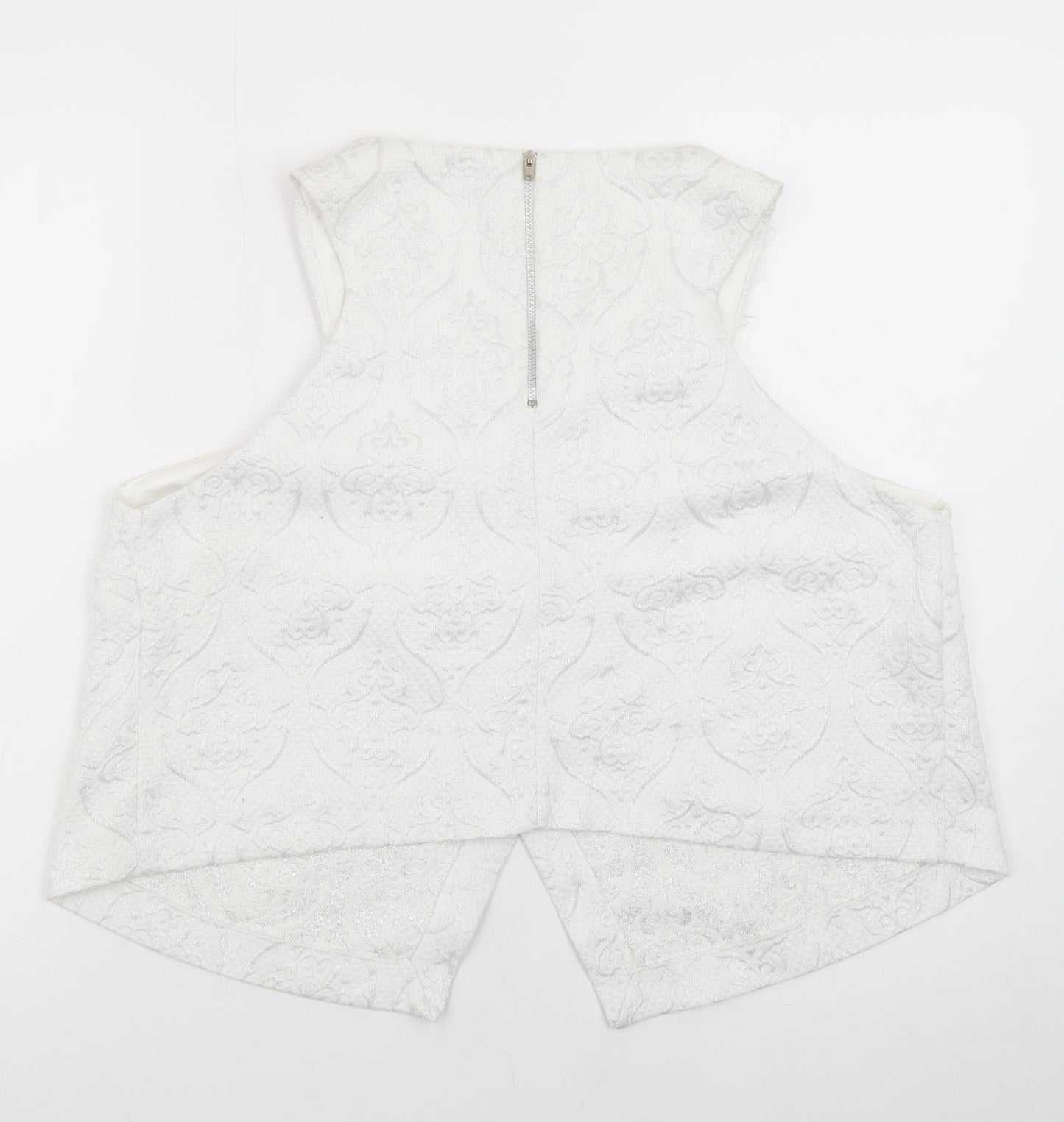 River Island Women's White Cropped Jacquard Sleeveless Blouse Size 18