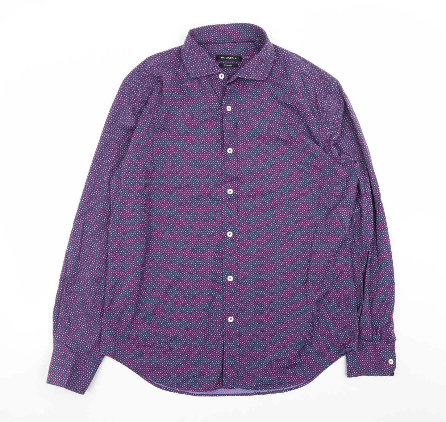 Bugatchi Men's Purple Geometric Shaped Fit Dress Shirt L Long Sleeve