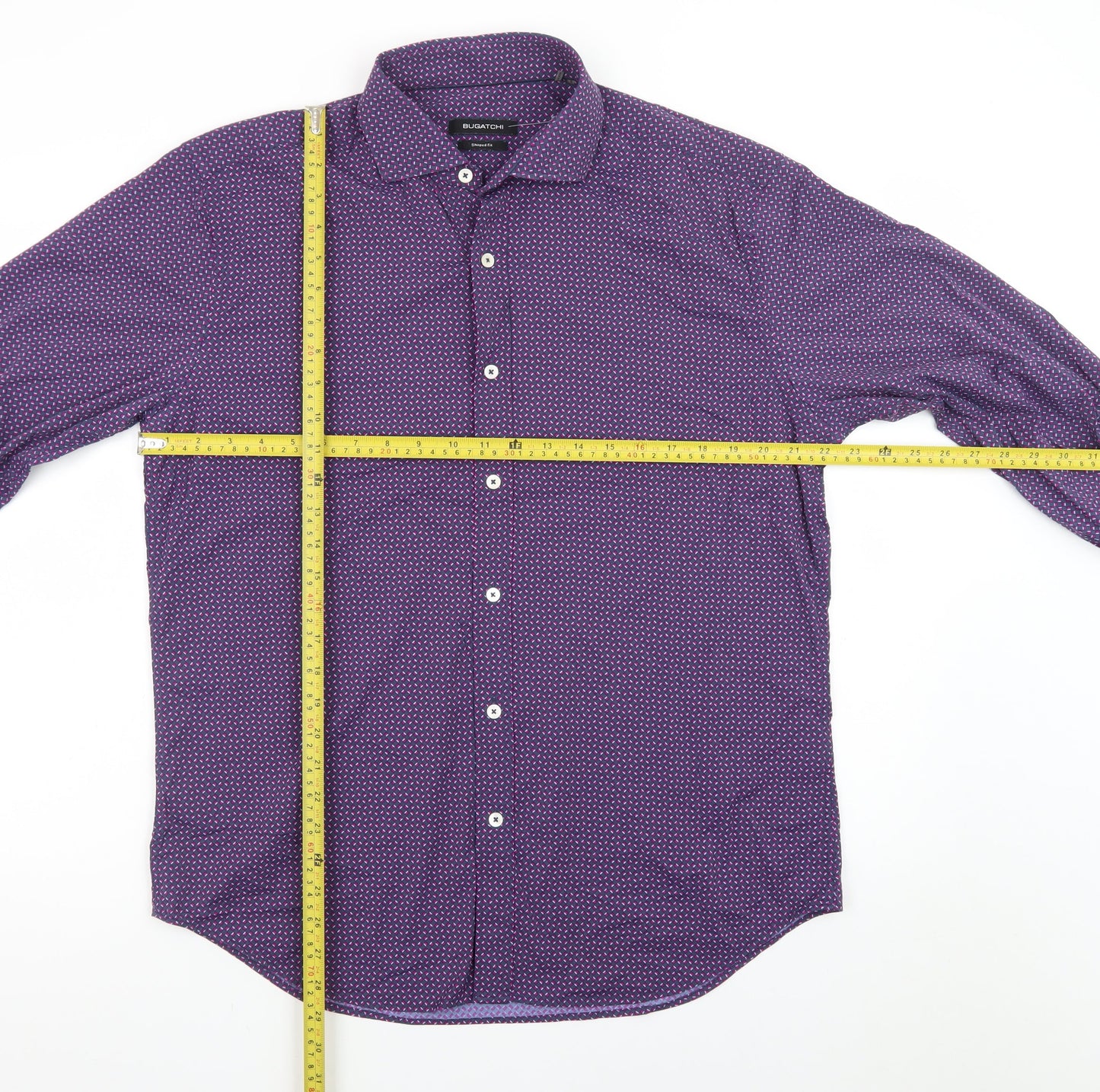 Bugatchi Men's Purple Geometric Shaped Fit Dress Shirt L Long Sleeve