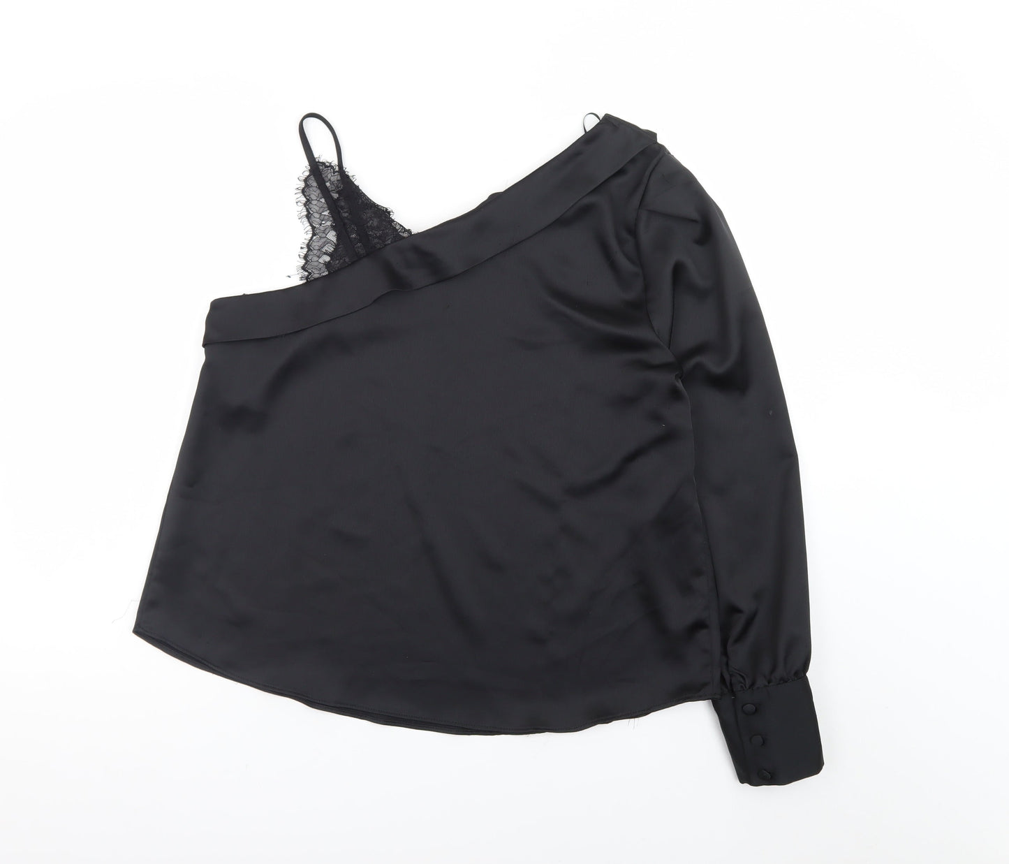 River Island Womens Black One Shoulder Satin Lace Trim Blouse Size 16