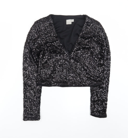 ASOS Womens Black Sequin Cropped Long Sleeve V-Neck Blouse Size 8
