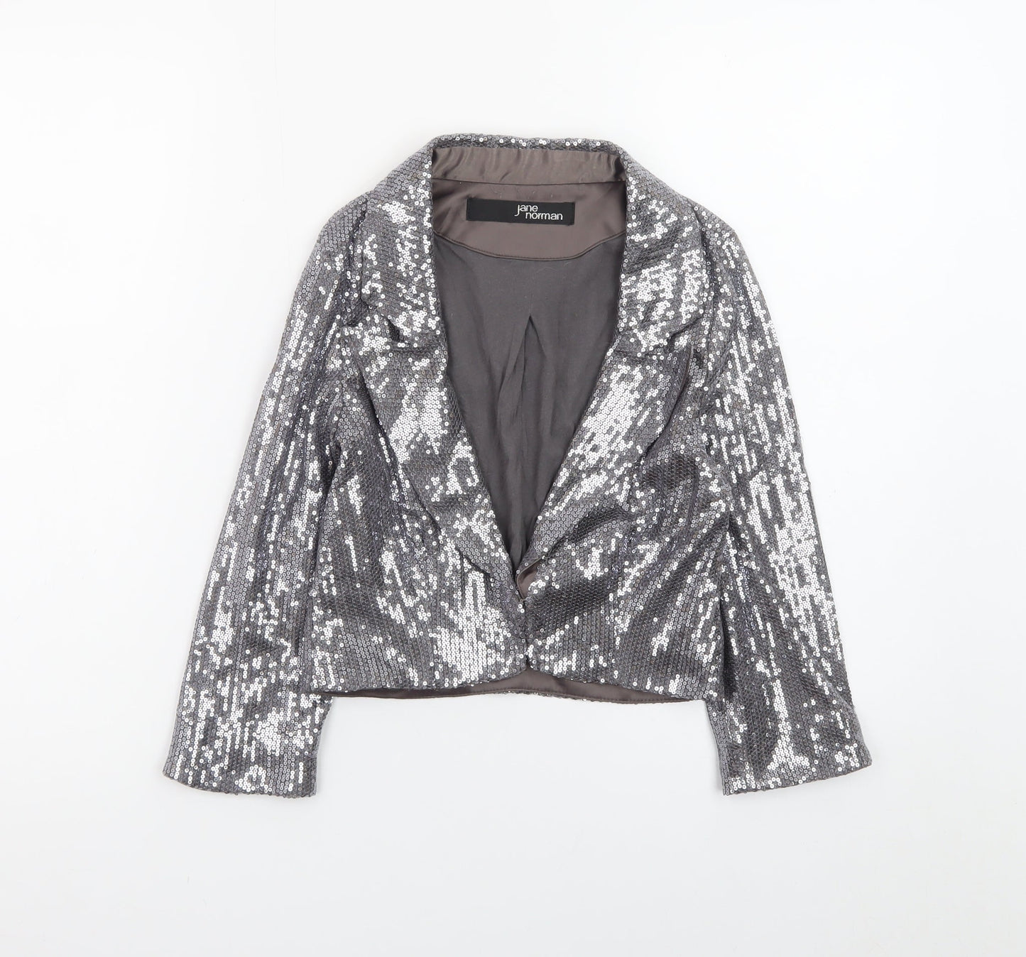Jane Norman Women Silver Sequin Cropped Blazer Size 8 Party Jacket