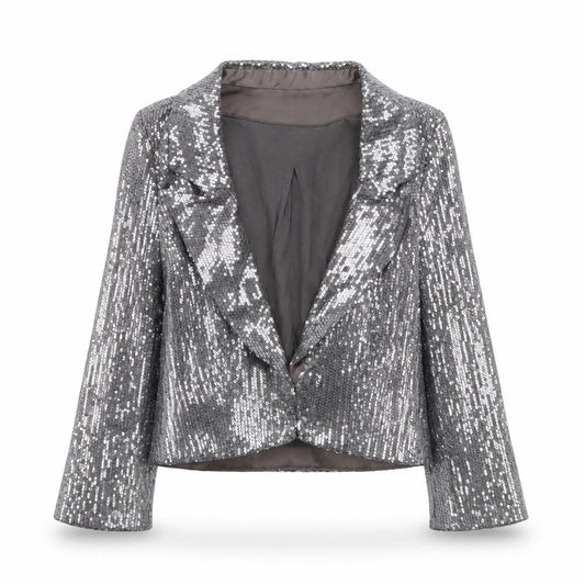 Jane Norman Women Silver Sequin Cropped Blazer Size 8 Party Jacket