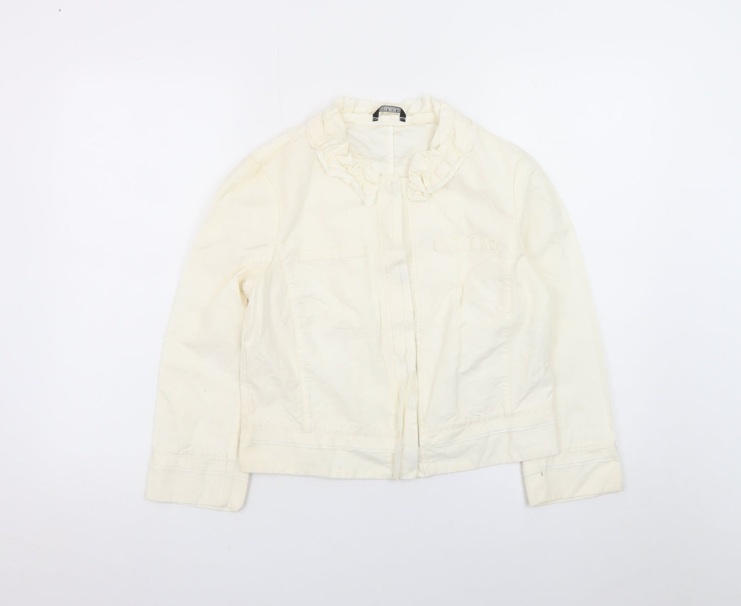 Sisley Women Ivory Ruffle Collared Long Sleeve Cotton Linen Blouse Size 14