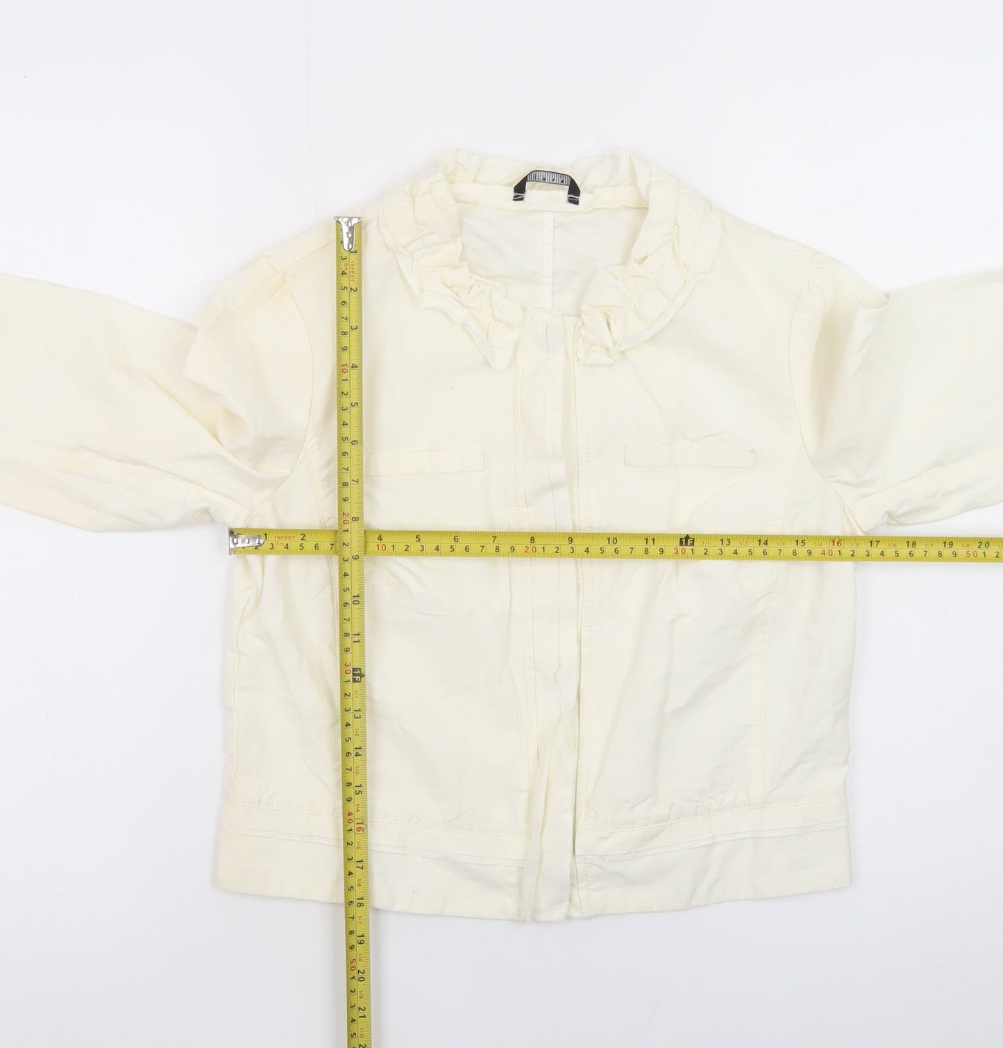 Sisley Women Ivory Ruffle Collared Long Sleeve Cotton Linen Blouse Size 14