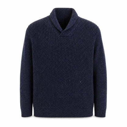 Front view of Dunnes men’s blue xl collared chunky knit jumper