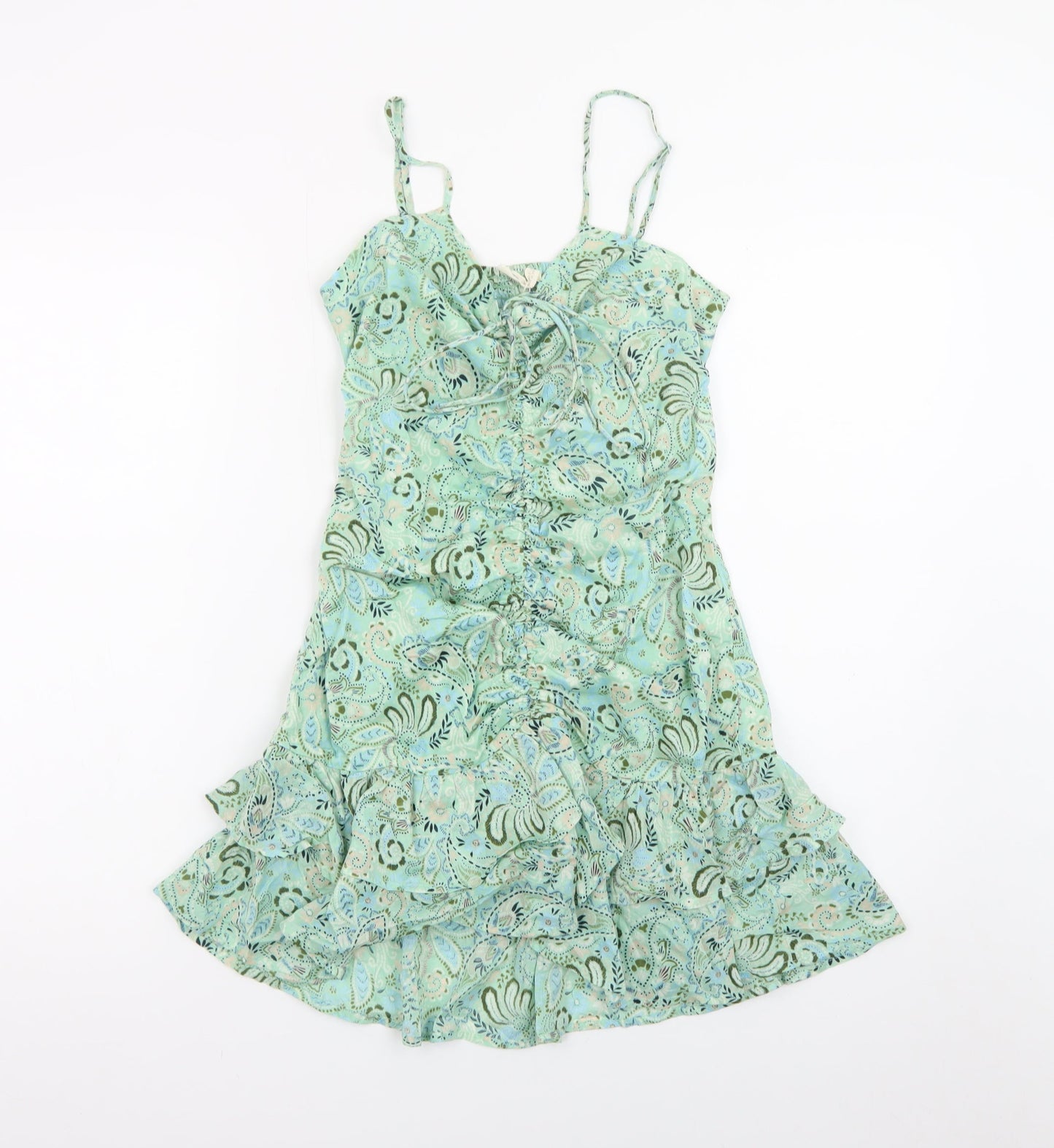 Stradivarius Women Green Paisley Slip Dress Small Ruched Cut Out Summer