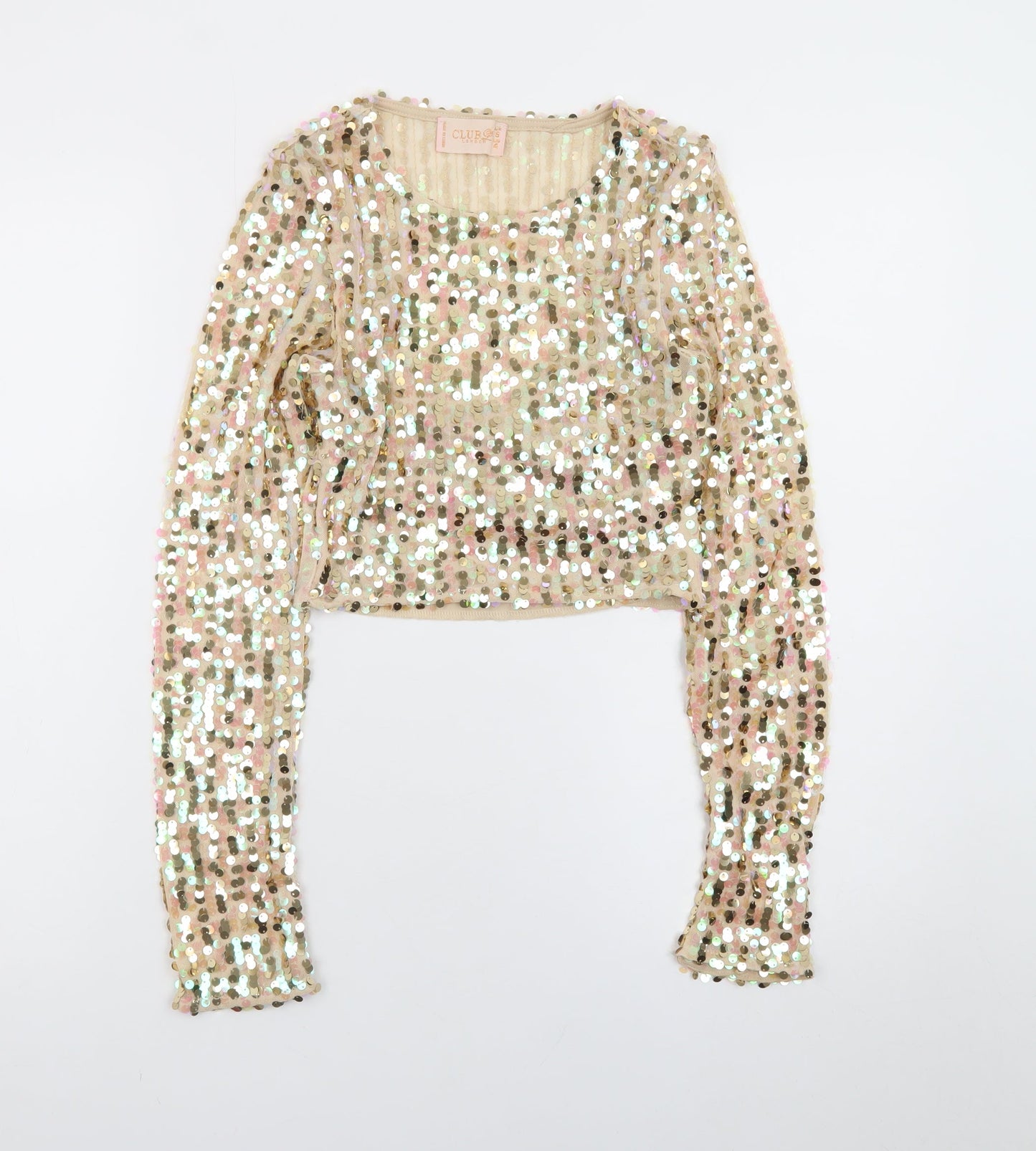 Club London Women Beige Sequin Cropped Long Sleeve Blouse Size 8