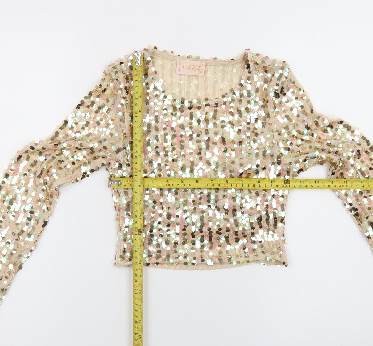 Club London Women Beige Sequin Cropped Long Sleeve Blouse Size 8