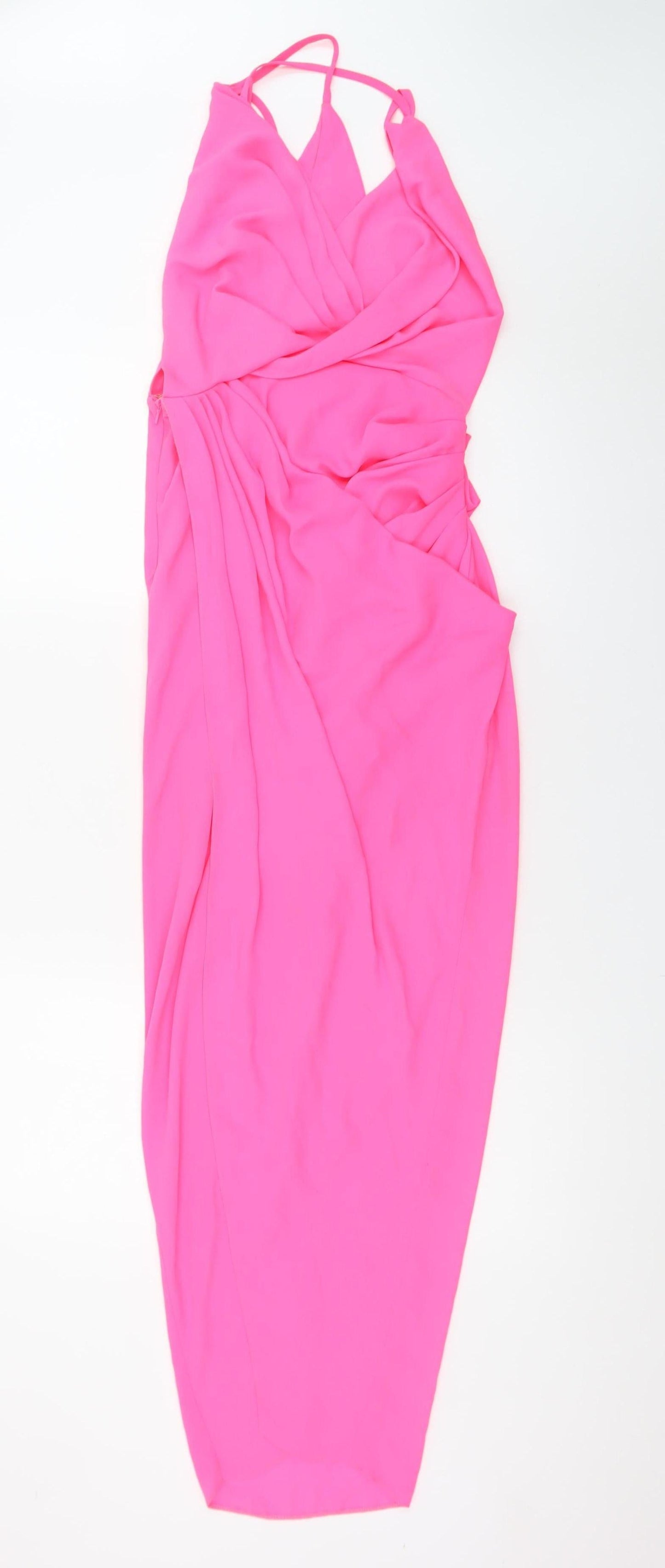 ASOS DESIGN Women's Pink Long Bodycon Ruched V-Neck Dress Size 8