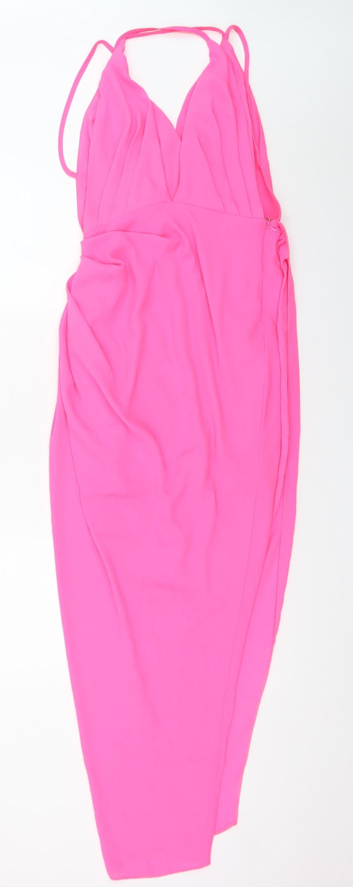 ASOS DESIGN Women's Pink Long Bodycon Ruched V-Neck Dress Size 8
