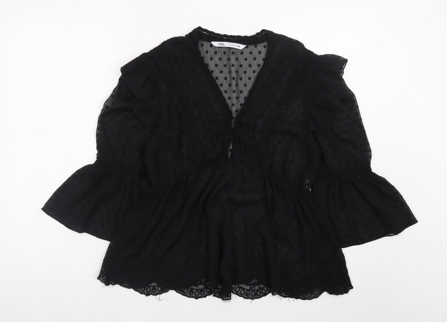 Zara Women’s Black Chiffon Ruffle Tunic Blouse Size M