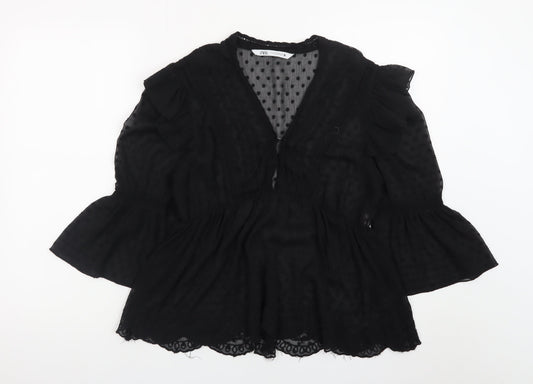 Zara Women’s Black Chiffon Ruffle Tunic Blouse Size M