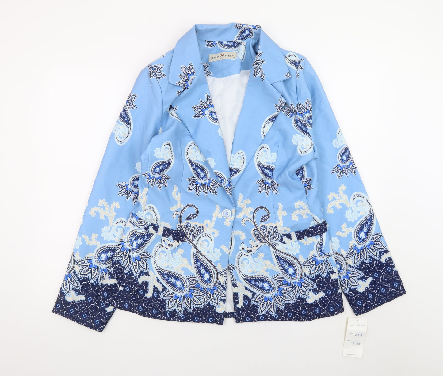 Jenny Wren Women's Blue Paisley Blazer Size 14 Classic Mid-Length Jacket