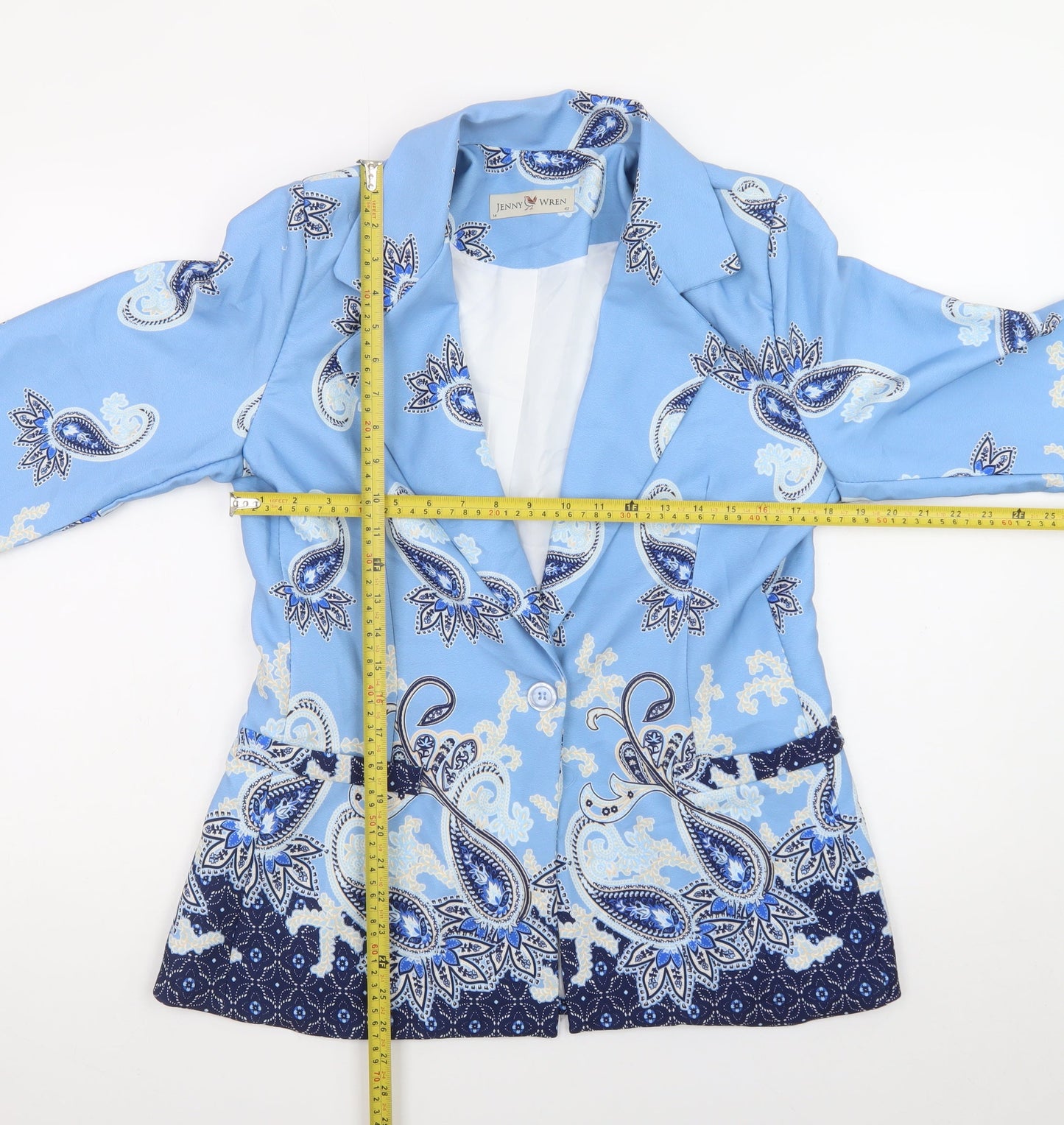 Jenny Wren Women's Blue Paisley Blazer Size 14 Classic Mid-Length Jacket