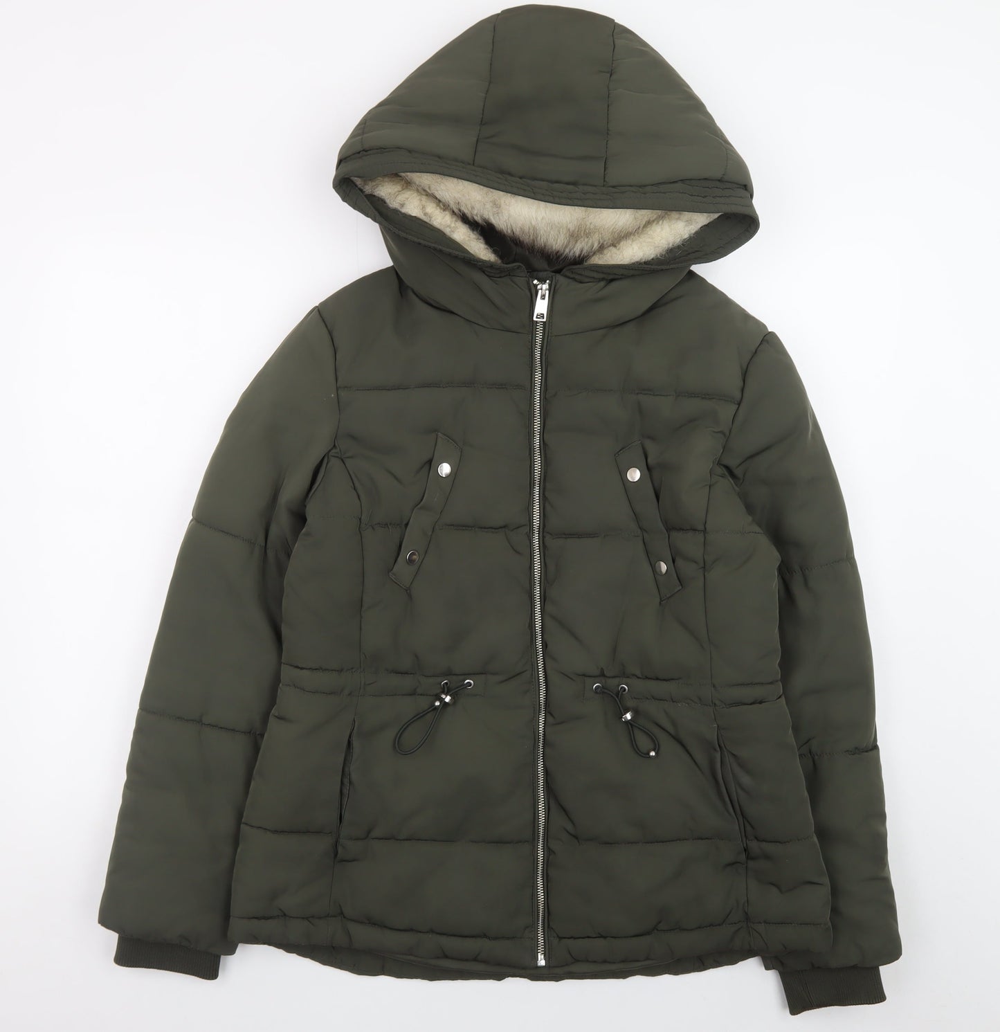 H&M Divided Women's Green Puffer Jacket Size 14 Hooded Mid-Length