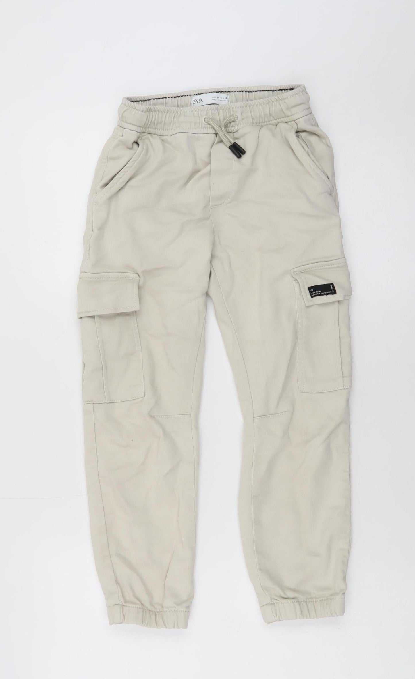 Zara Boys Beige Cargo Trousers 9 Years Elastic Waist Twill Pants