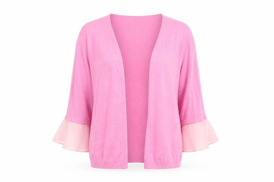 Front view of Dunnes Women’s Pink Flared Sleeve Open Knit Cardigan, size UK 12