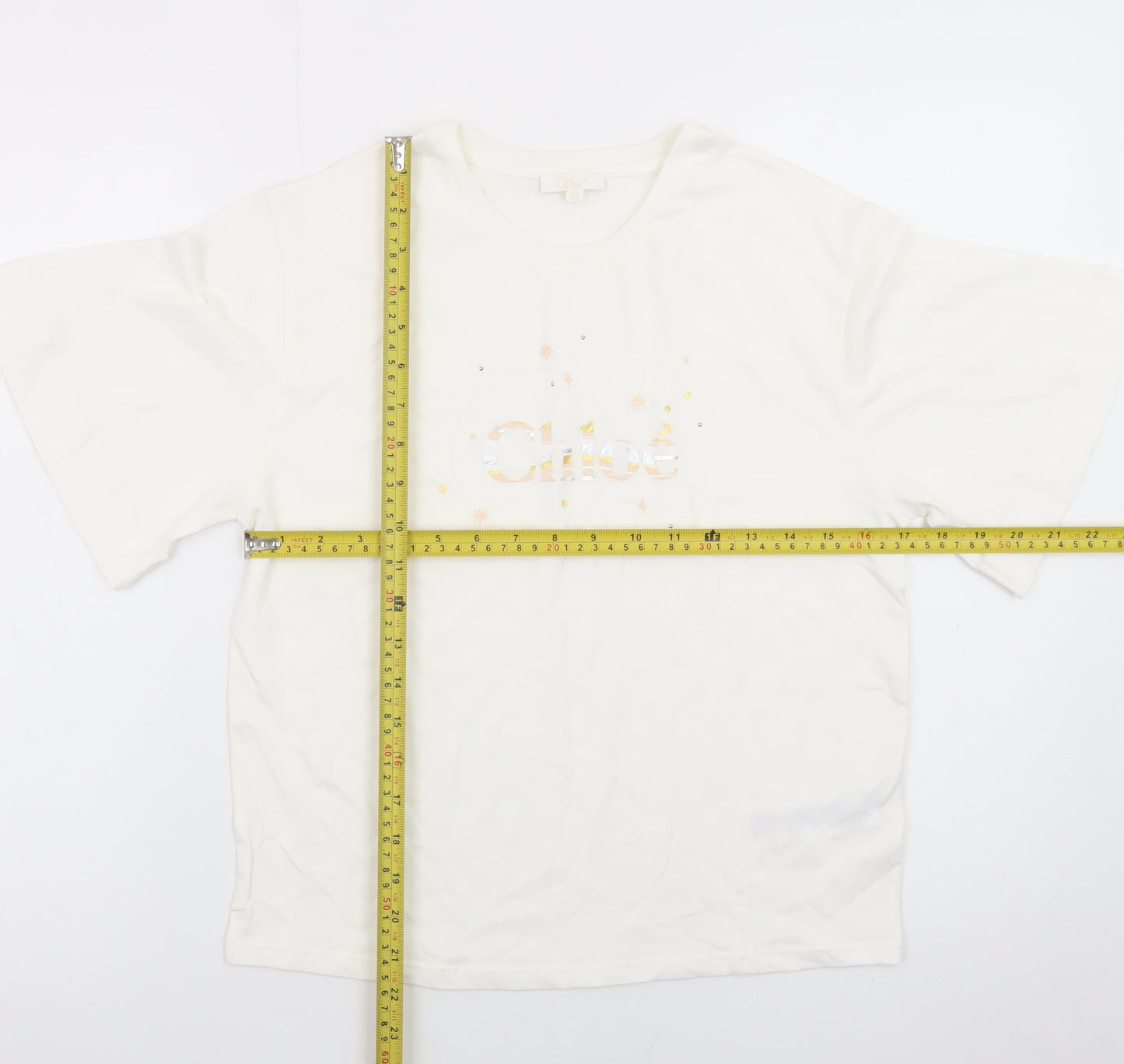Chloé Women's Ivory Cotton Embroidered Logo T-Shirt Size 14