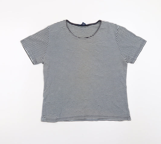 Karen Scott Women Blue Striped Cotton Short Sleeve T-Shirt M