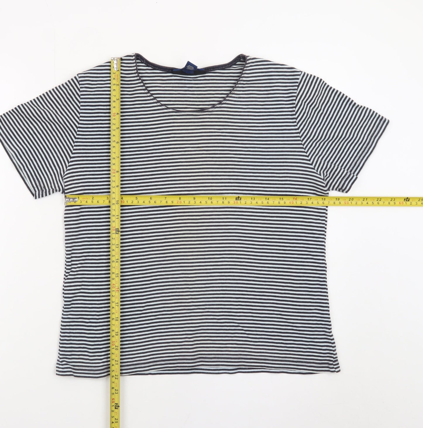 Karen Scott Women Blue Striped Cotton Short Sleeve T-Shirt M