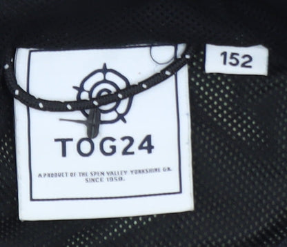 Brand and care label for TOG24 boys’ green camouflage hooded windbreaker jacket, size 152