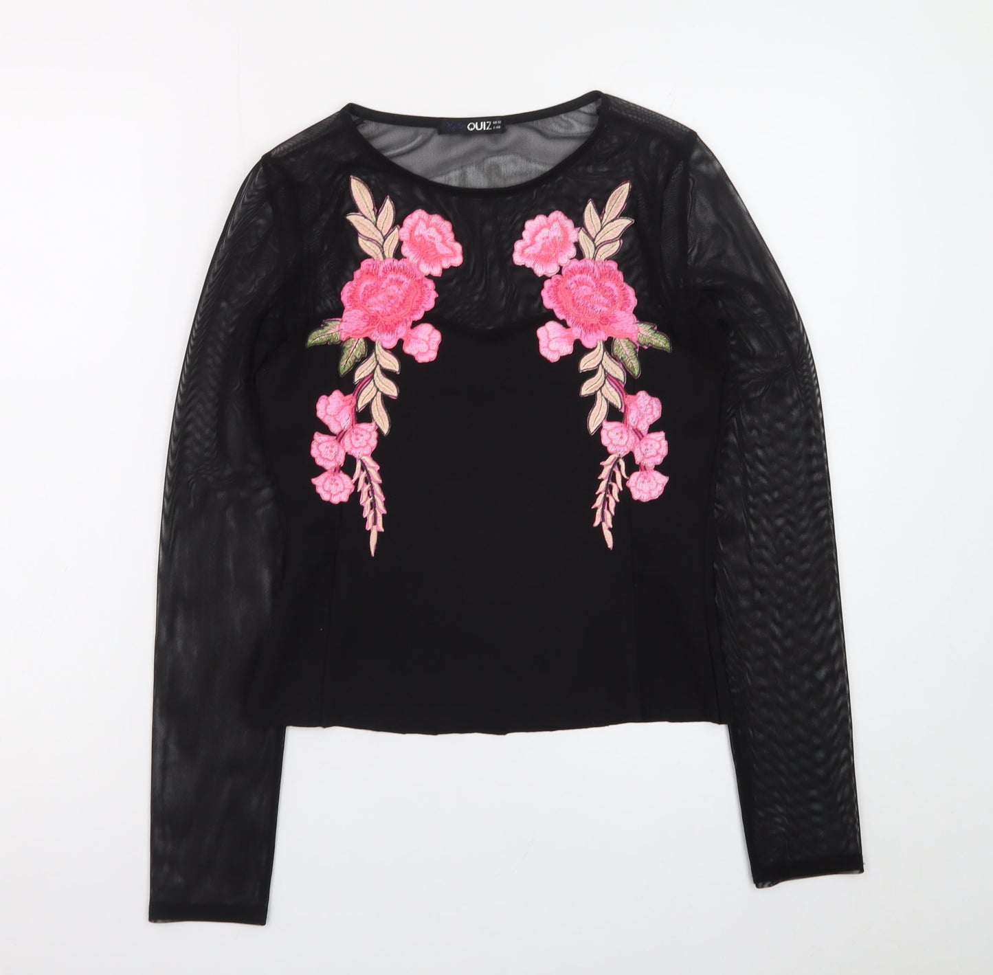 Quiz Womens Black Floral Embroidered Mesh Long Sleeve Cropped Blouse Size 12