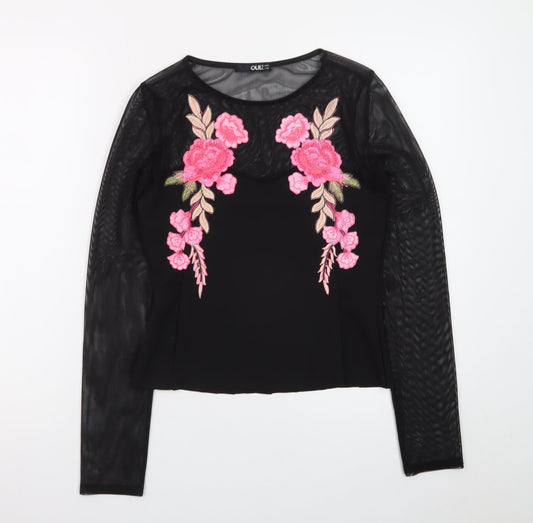 Quiz Womens Black Floral Embroidered Mesh Long Sleeve Cropped Blouse Size 12