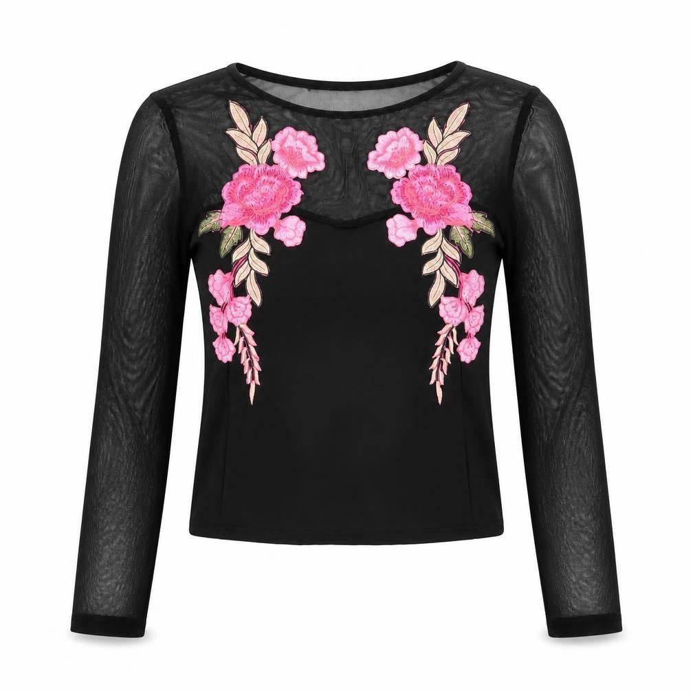 Quiz Womens Black Floral Embroidered Mesh Long Sleeve Cropped Blouse Size 12