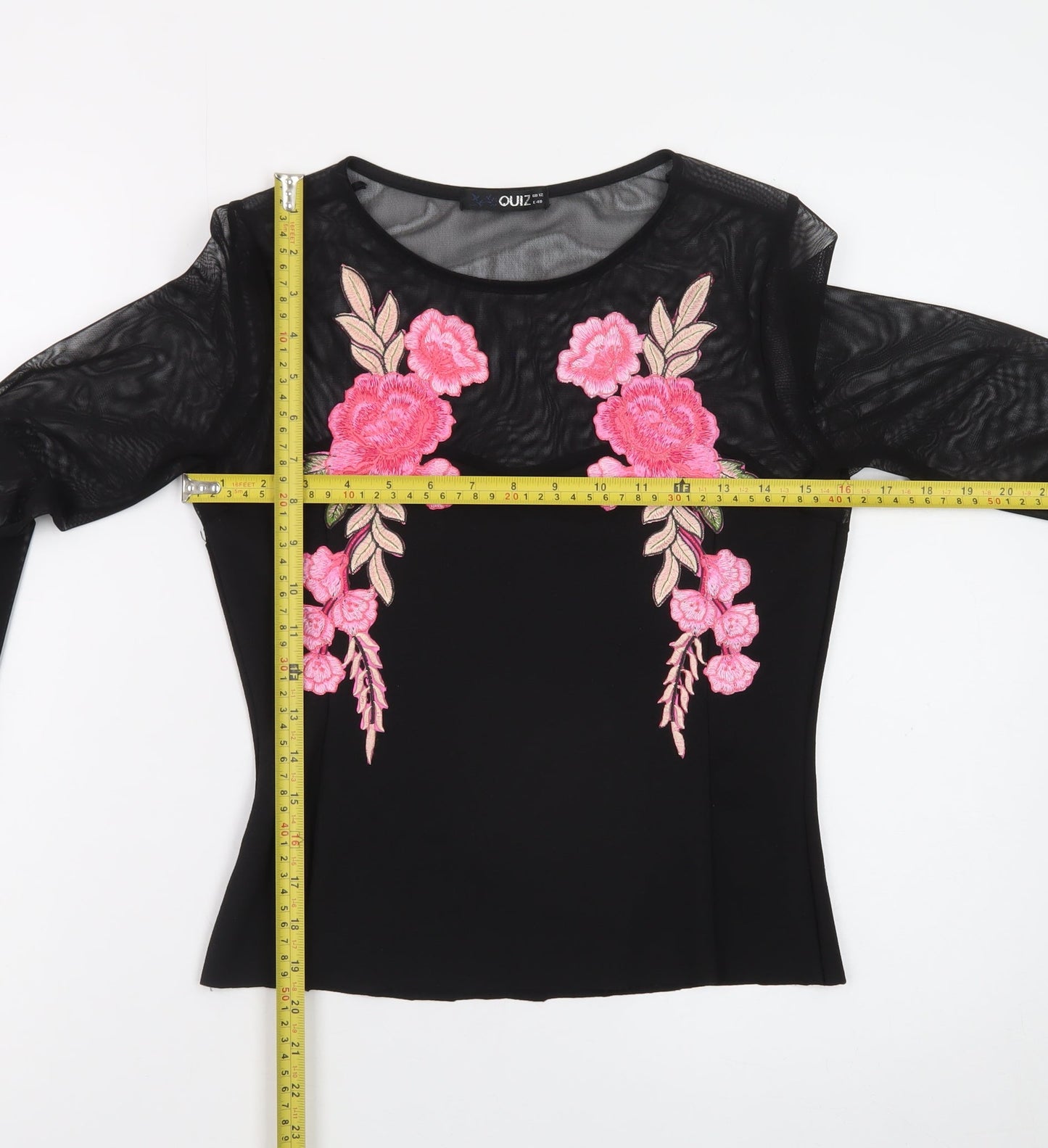 Quiz Womens Black Floral Embroidered Mesh Long Sleeve Cropped Blouse Size 12