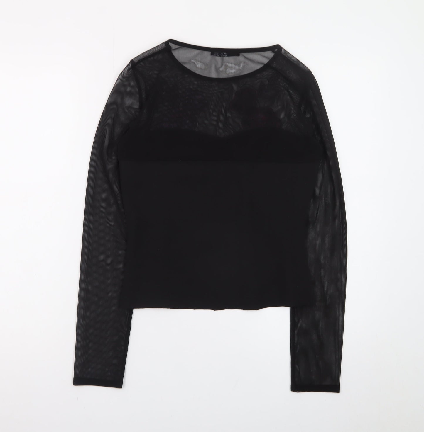 Quiz Womens Black Floral Embroidered Mesh Long Sleeve Cropped Blouse Size 12