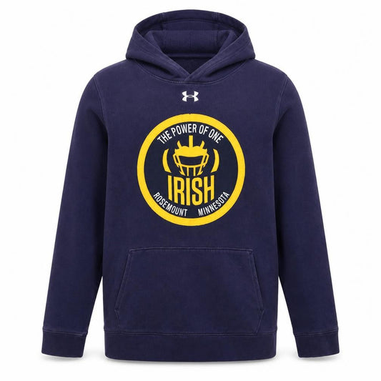 Front view of Under Armour boys’ navy hoodie yxl coldgear loose fit pullover sweatshirt
