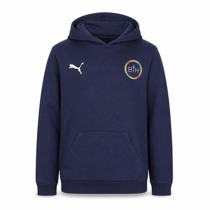 Front view of Puma boys’ blue pullover hoodie 13-14 years regular fit logo cotton blend